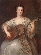 unknow artist Portrait of a young lady,three-quarter length,wearing a floral and ivory lace-trimmed dress,playing the guitar France oil painting artist
